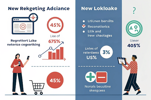 Comparison of retargeting and lookalike audience strategies on Meta Ads dashboard 
            